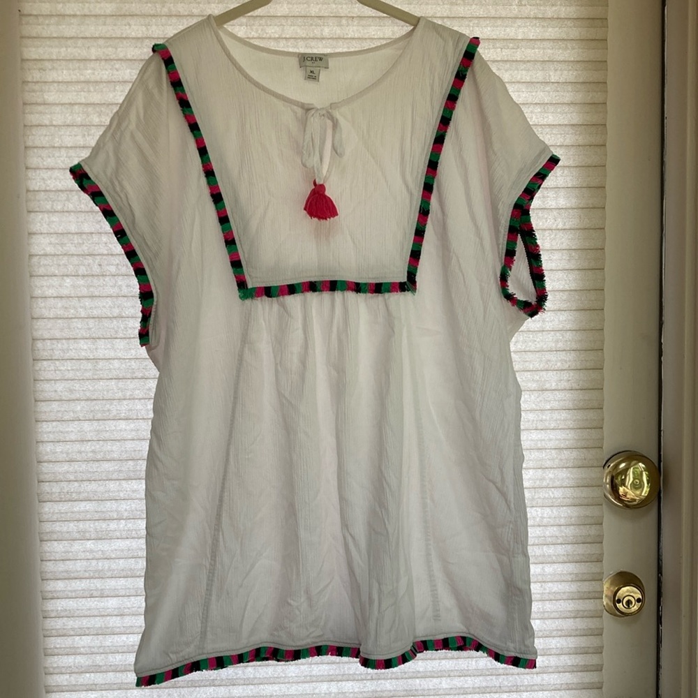 J.Crew cotton top with colorful fringe detail XL